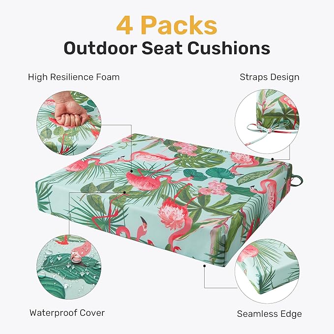 UNIKOME Outdoor Chair Cushions Pack of 4, Water Resistant Patio Cushions with Ties, High Density Sponge Filling Square Corner Seat Cushions for Outdoor Furniture, 18.5"*16"*3", Flamingos