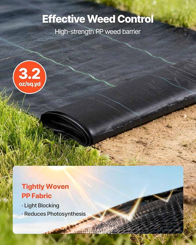 VEVOR 3x100FT 3.2oz Weed Barrier Fabric Heavy Duty, Landscape Fabric, Weed Blocker Fabric, Garden Weed Mat Lawn Fabric, Weed Control Fabric, Driveway Fabric, Ground Cover, Woven Landscape Cloth, Black