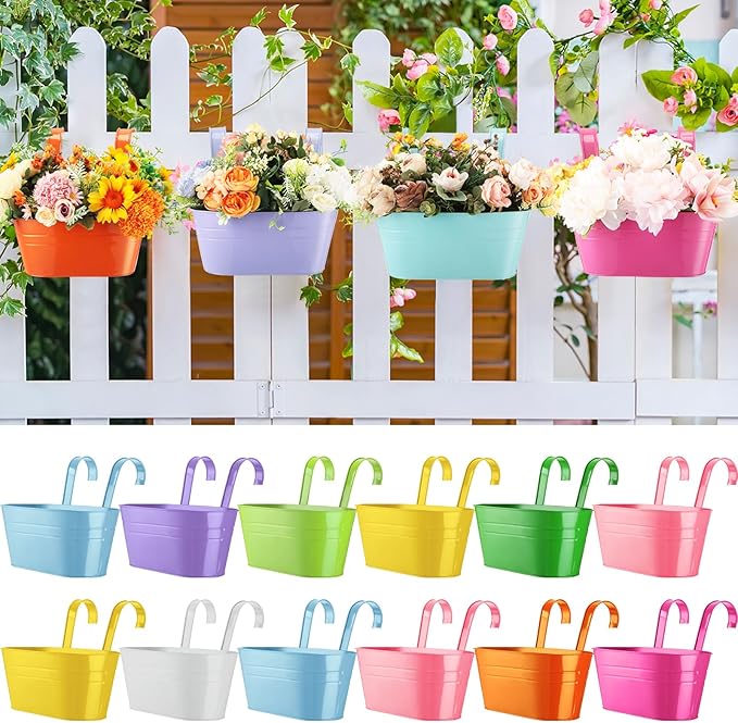 Hushee 12 Pcs Metal Railing Planters with Drainage Holes, Hanging Flower Pots with Detachable Hooks, Pastel Color Iron Fence Bucket Planters for Balcony, Porch, Garden, Deck Outdoor Decor