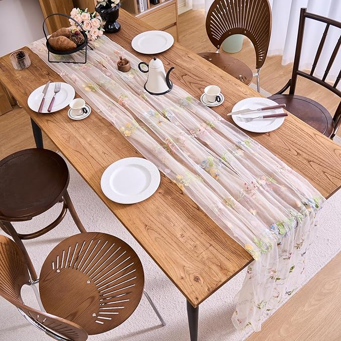 vctops 2 Packs Embroidery Lace Spring Table Runner 10ft Floral Garden Seasonal Tulle Table Runner Holiday Kitchen Dining Table Decoration for Wedding Party Baby Shower Birthday (Beige,30"x120")