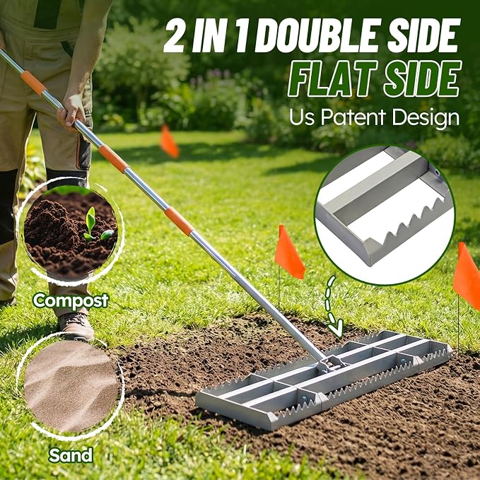 Lawn Leveling Rake, 2-in-1 Double-Sided Landscape Leveler with 20 Marking Flags for Low Spot, 30"×10" Heavy Duty Stainless Steel Flat & Serrated Side for Soil Sand Gravel, Yard Garden Golf Course