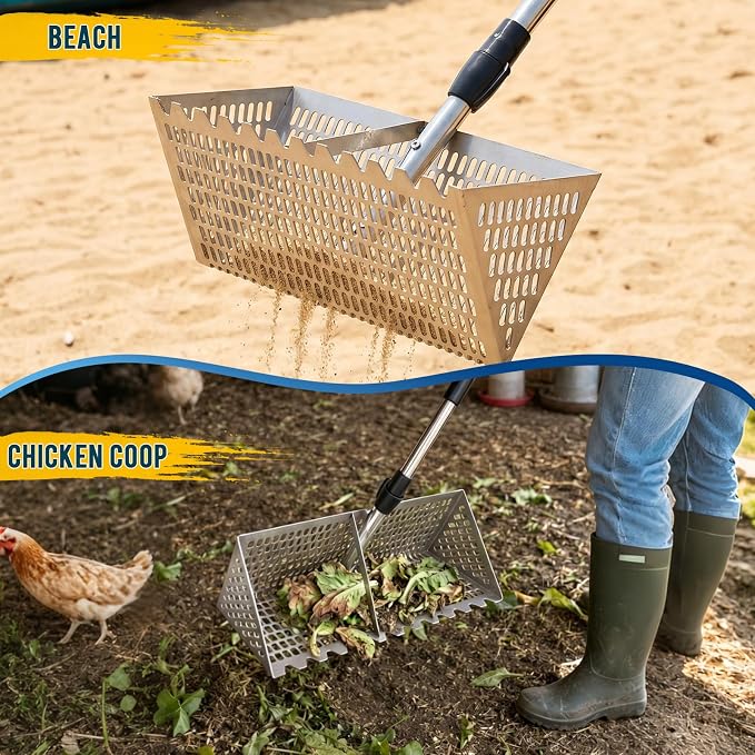 Sand Flea Rake Set with Handle, Shark Tooth Sifter & Mesh Scoop, Stainless Steel Beach Sand Sifter Kit with 5-Tooth Rake, Glvers & Foldable Bucket for Collecting Sand Fleas, Shells & Cleaning Coops