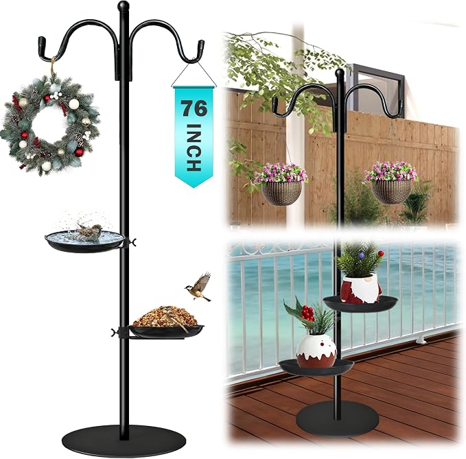 Shepherds Hooks for Outdoor, 76 Inch Bird Feeder Stand | Wind Chime Hanger with 6.6Lbs Heavy Base, Freestanding Double Hook Pole with 2 Trays for Hanging Plant, Garden Decor