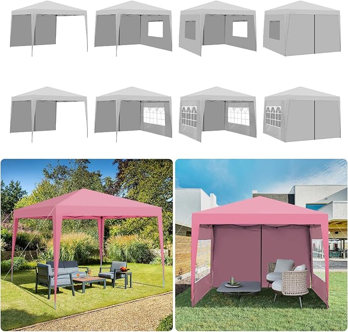 10x10FT Canopy Tent, Outdoor Gazebo Pop up Canopy with 4 Removable Sidewalls & 2 Windows, Patio Camping Shade Canopy with 4 PCS Weight Sand Bag & Carry Bag, Ideal for Parties Events, Pink