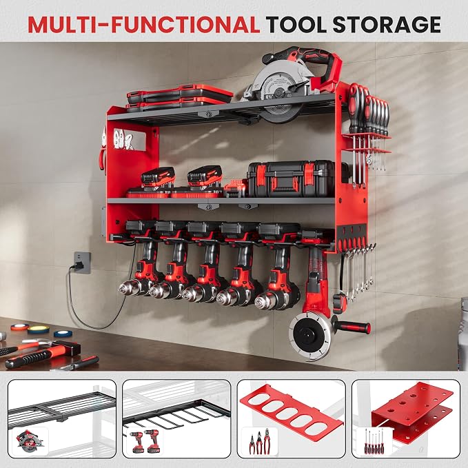 MOOMSINE Power Tool Organizer Wall Mount with Charging Station, Heavy Duty Metal Tool Storage with 5 Outlets, Cordless Drill and Battery Holder for Garage and Workshop Organization, Red