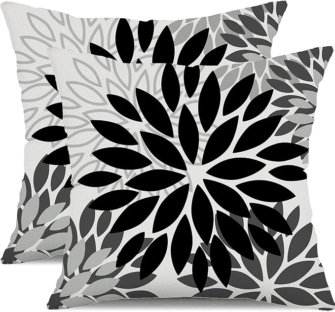 DFXSZ Black Grey Flower Pillow Covers 20x20 Inch Set of 2 White Gray Colored Throw Pillows Outdoor Waterproof Decor for Living Room Sofa Patio Funiture Garden Floral Polyester Pillow Covers 002I20