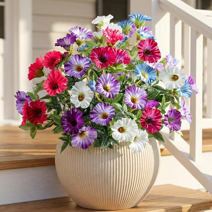Colorful Artificial Morning Glory Flowers for Outdoor Planters, Premium UV Resistant Silk Faux Flowers for Porch, Hanging Basket & Window Box, Vibrant Garden Decor, No Pot, 13.3 Inch, 4 Bundles