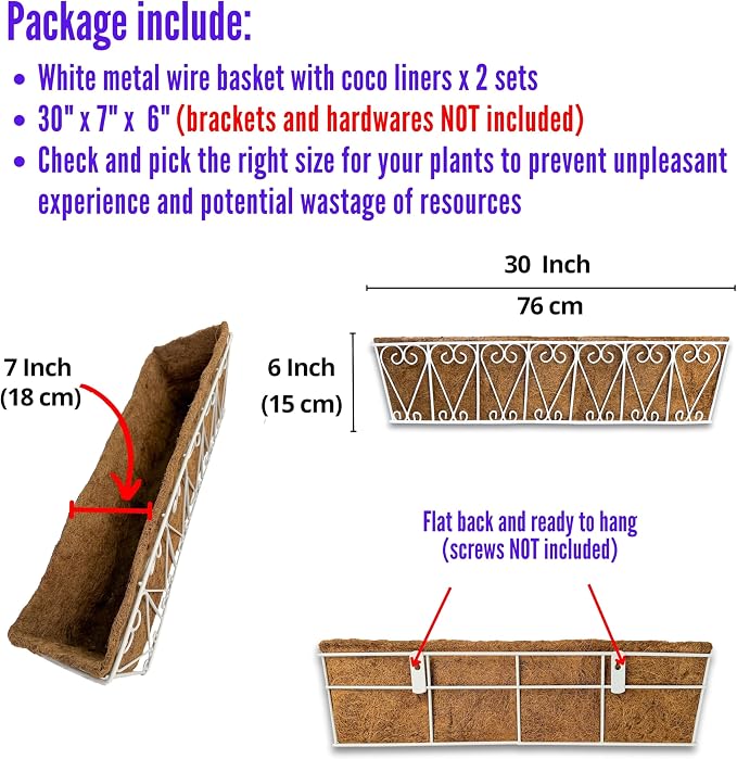 LaLaGreen Wall Hanging Planter - 2 Pack, 30 Inch Deck Railing Planter, Window Flower Boxes Basket Outdoor White Deck Railing Hanging Pot Coco Liner Metal Plant Holder Fence Planter Balcony Patio Porch