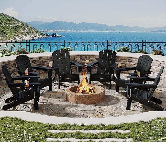 GarveeLife Folding Adirondack Chair Set of 6, All-Weather HDPE Outdoor Chair, Wooden Textured with Cup Holder for patios, Decks, Gardens, fire pits, Black