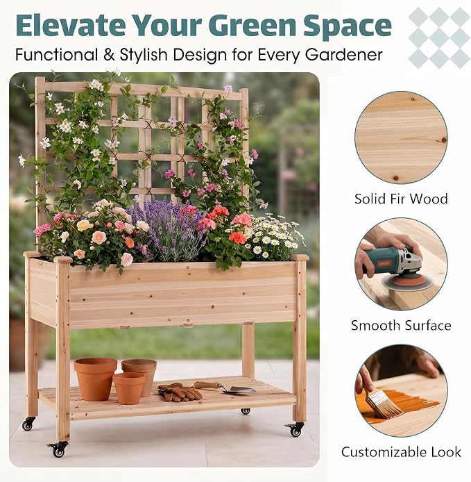 HAPPYGRILL Wooden Raised Garden Bed with Trellis, 65'' Elevated Planter Box w/Legs on Wheels, Liner & Drainage Holes for Climbing Plant Vegetable Flower, Outdoor Garden Box for Backyard Balcony (2)