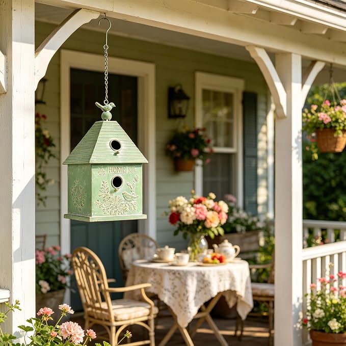 Distressed White Hanging Birdhouse with Home Emblem, Rustic Farmhouse Decorative Bird Nest Box for Outdoor Garden, Patio, Yard, Weathered Bird Shelter for Small Birds (Green)