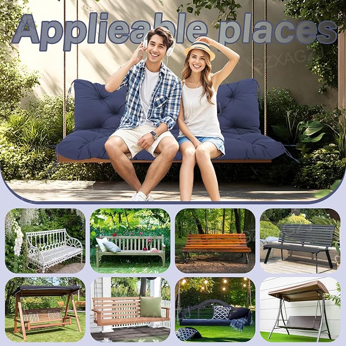 Porch Swing Cushions Outdoor 40x40 inch Waterproof Extra Thick 5" Swing Cushions Replacement with Backrest and Ties for Outdoor Furniture Porch Patio Garden Lawn (Navy Blue)