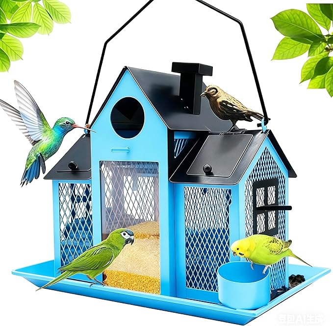 Solar Bird Feeders House for Outside Hanging, Metal Wild Bird Feeder for Outdoors Large Capacity Cardinal Birdfeeder Birdhouses Metal Bird Feeding Station Blue