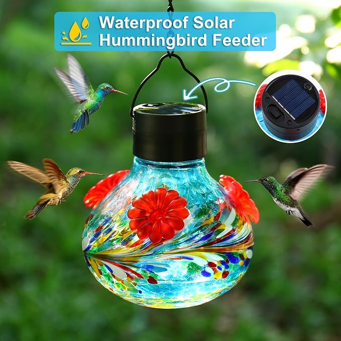 SAVENNA Hand Blown Glass Solar Hummingbird Feeder with Soft Night Light,17oz Leak-Proof Decorative Feeder for Outdoor Garden Patio Yard – Blue Phoenix Swirl
