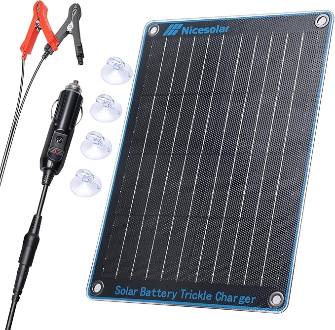 Nicesolar 20W 12V Solar Panel Car Battery Trickle Charger & Maintainer with Cigarette Lighter Plug & Alligator Clip & Battery Cable for Car Automotive Motorcycle Boat Marine Snowmobile Watercraft RV