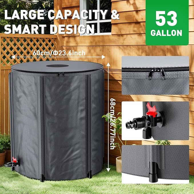 Yesker Collapsible Rain Barrel, 53 Gallon Portable Rainwater Collection System, 550D PVC Water Storage Tank, Rain Catcher with Spigots Filter Overflow Kit, Grey
