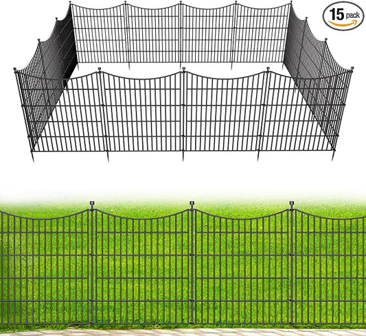 15 Panels No Dig Dog Fence Outdoor for Yard, 32 in(H) X 35.4 ft(L) Decorative Tall Garden Fence Animal Barrier, Rustproof Metal Wire Garden Edging and Borders, Temporary Fencing Stakes