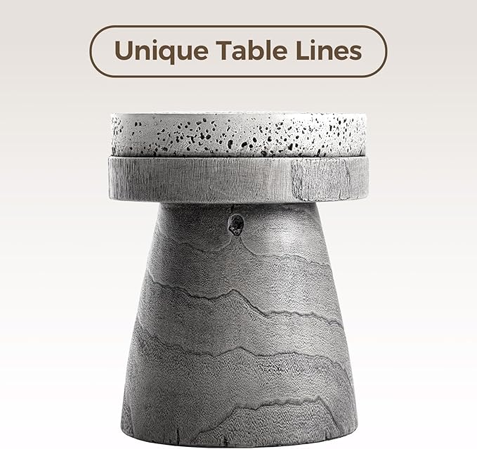 COSIEST Outdoor Side Table w Spotted Tabletop, Concrete Side Table, Round Patio Side Table Stool, Lightweight Outdoor Accent Table w Colored Faux Wood, Cylinder Plant Stand for Garden and Deck, Grey