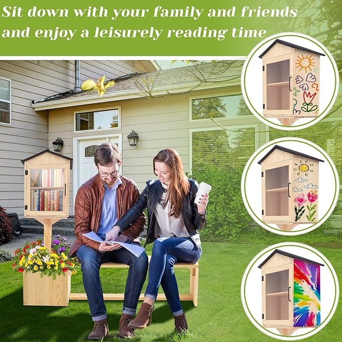 Wonderjune Little Library Box Outdoor, Weatherproof Solid Wood Free Library with Matching Wooden Seats Floor Plugs and Small Flower Fence for Neighborhoods Community School(Wood)