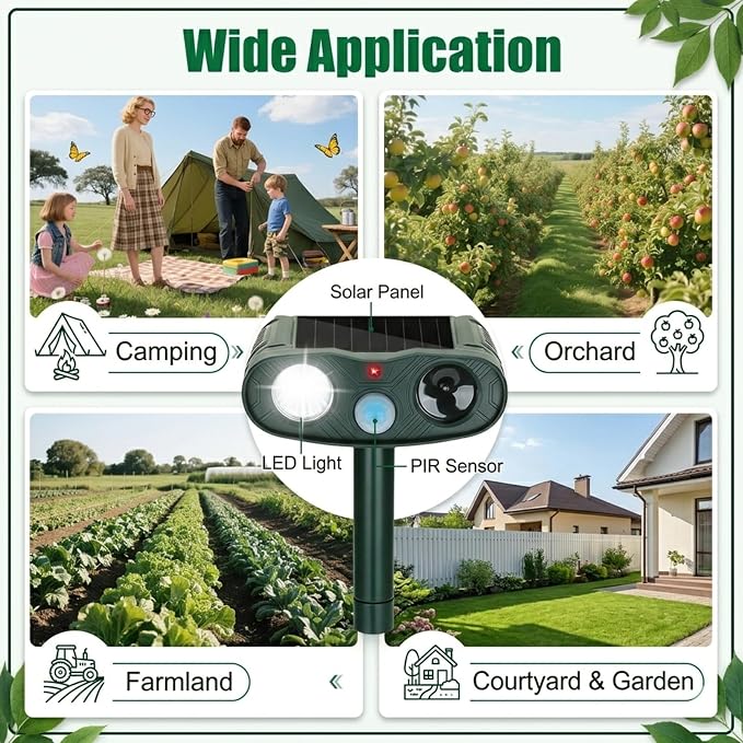 4-Pack Solar Ultrasonic Animal Repellent Outdoor: 2026 Upgraded Deer Repellent Devices & Cat Repeller for Yard, Motion Detection Squirrel Raccoon Dog Bear Deterrent with LED Flash Lights