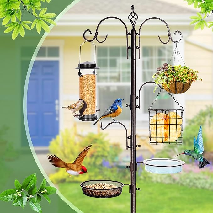 YINGYM Bird Feeding Station Kit, 87 Inches Bird Feeder Pole for Outside, Premium Feeder Stand Hanging Kit with Water Bowl, Mesh Tray and Metal Suet for Attracting Wild Birds