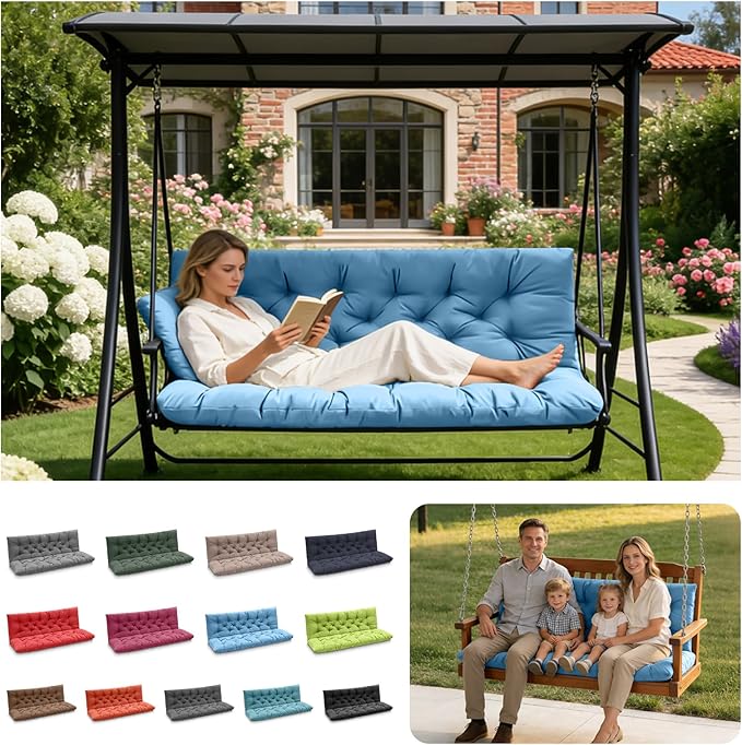 Porch Swing Cushions, Outdoor Swing Replacement Cushions 3 Seater with Backrest, Waterproof Bench Cushion with Ties,for Patio,Porch, Garden,Backyard