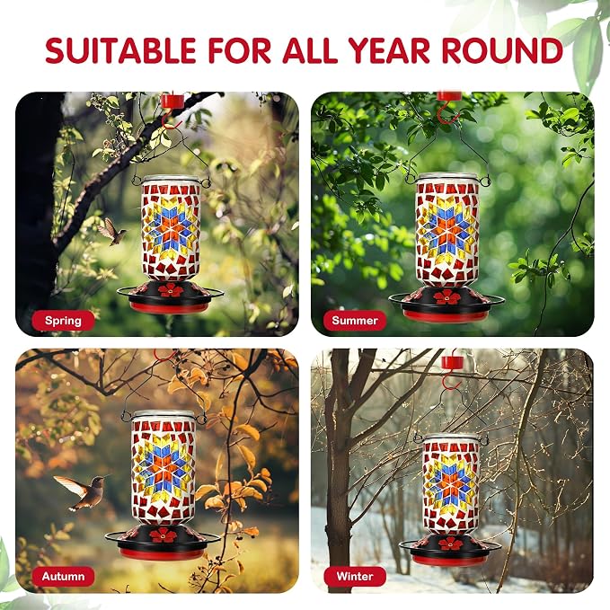 Glass Hummingbird Feeder, Red Hummingbird Feeders for Outdoors Hanging, 19 Ounces, Mosaic Flower Bottle Easy to Clean, 5 Feeding Ports, Ant Moat Included