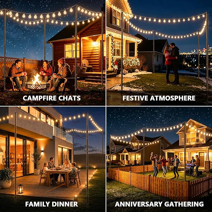 10Ft String Light Poles 4 Pack,Poles for Outdoor String Lights with Fork and Fence Clamp,Hanging Lights Metal Stand Post for Deck Patio Backyard Garden Decorations
