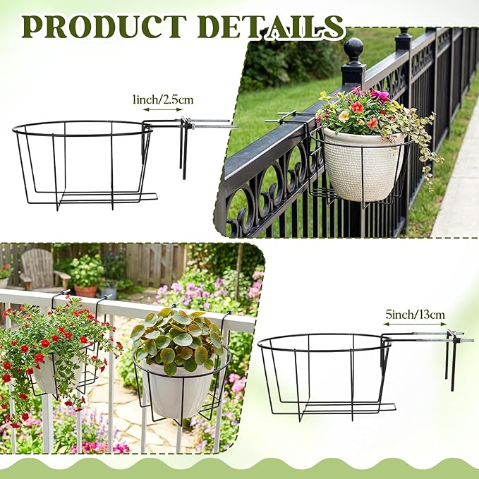 Novabright 3 Pcs Adjustable Hanging Railing Planter Fit for 1.5 to 5 Inches Railing Metal Hanging Plant Baskets Fence Plant Holder for Outdoor Garden Fence Balcony Deck Porch, 10 Inch, Black