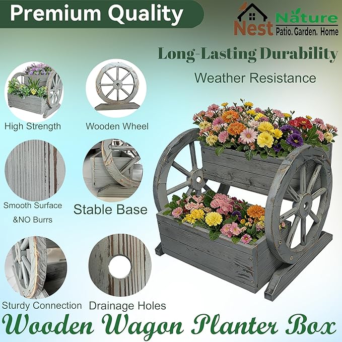 2 Tier Classic Wooden Wagon Planter Box|Outdoor Planter/Flower Pot for Indoor&Outdoor Plants-Rustic Garden Planter for Patio,Porch&Garden Decor-Raised Garden Bed for Succulents,Herbs,Vegetables