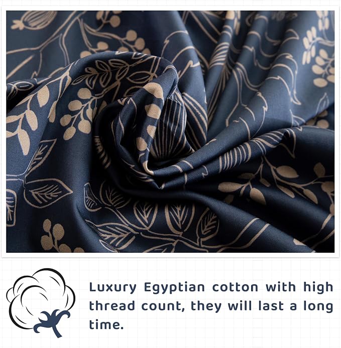 QSH Floral Egyptian Cotton Sheets Queen Size - Elegant Navy Botanical Pattern Printed Bedding Sheets Queen Size Bed Extra Soft and Breathable 4pcs Deep Pockets Bed Sheets