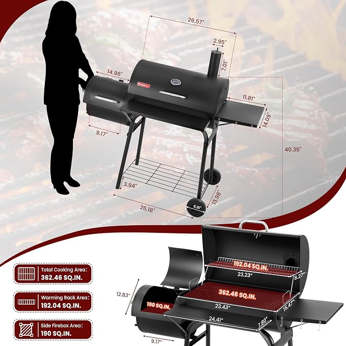 Charcoal Grill Offset Smoker, 744.5 Sq.In Outdoor BBQ Smoker Grill with Side Fire Box, 4-Position Charcoal Pan, Built-in Thermometer, Side Table & Wheels for Backyard Patio Camping