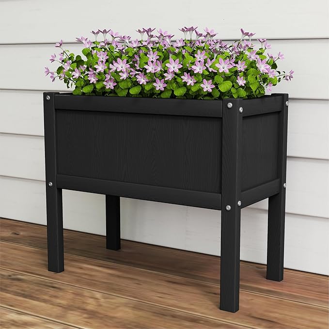 Raised Garden Bed with Drainage Hole Waterproof Small HDPE Elevated Planter Box with Legs Stable and Durable to Plant Herb Vegetable Flower,Patio,Balcony Outdoors/Indoors Black