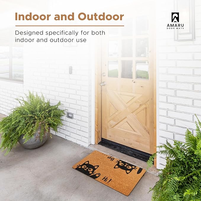 Hi-Bye Cat - 17"x29" - Coir Door Mat with Heavy Duty Backing - Welcome Mats for Entryway, Porch - Anti-Slip PVC & Coconut Fiber Surface - Natural Home Accessories, Minimalist Original Design