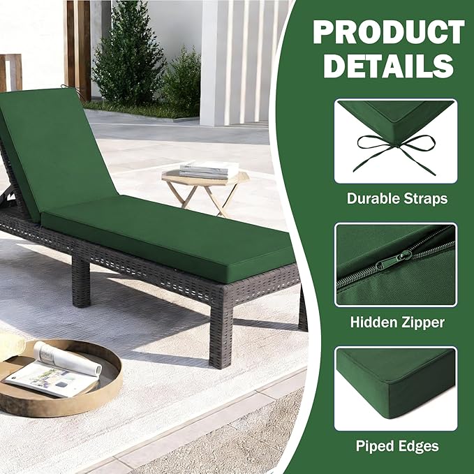 Chaise Lounge Cushions Outdoor, 72x 21x 3 Inch Waterproof & Fade-Resistant Lounge Chair Cushion, Outdoor Chaise Cushion with Removable Cover & Ties for Lawn, Patio, Pool & Beach, Forest Green