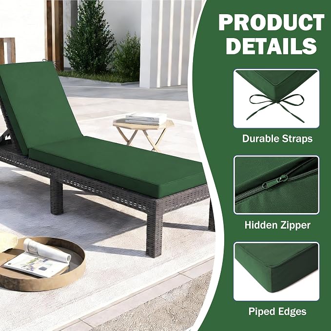2 Pcs Chaise Lounge Cushions Outdoor Set of 2, 72x 21x 3 Inch Waterproof & Fade-Resistant Lounge Chair Cushion, Outdoor Chaise Cushion with Ties for Lawn, Patio, Pool & Beach, Forest Green