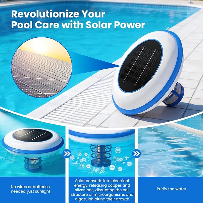POOLPURE Solar Pool Ionizer, Copper Floating Cleaner, Use up to 85% Less Chlorine, Ideal Pool Cleaner for Above Ground, In-Ground Pools, Spas and Hot Tubs, Up to 35,000 Gal (White)