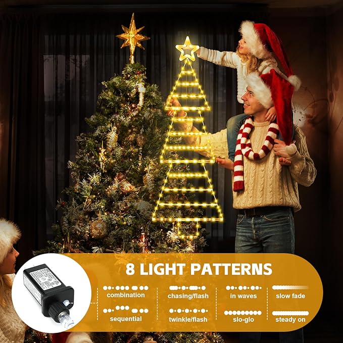 LED Christmas Lights Outdoor,4.6ft 189 LED Christmas Tree Ladder Light with Star Topper 8 Modes Christmas Decorations Lights for Indoor Outdoor, Window, Garden, Home, Wall, Xmas Tree Decor-Warm White