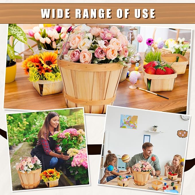 Leinuosen 9 Pcs Wooden Gift Basket Set, 3 Pcs 8 x 6. 3'' Bushel Bucket Portable Fruit Bucket and 6 Harvest Basket for Display Fruit Vegetable Garden Storage Container Farm Picnic Party Supplies