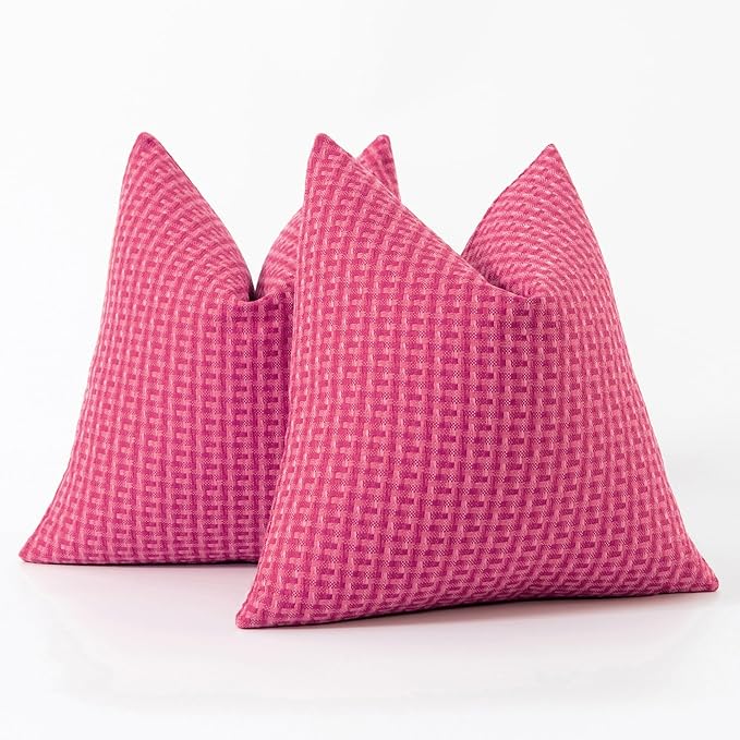 Kevin Textile Outdoor Waterproof Throw Pillow Covers Pack of 2 Valentines Day Weaving Texture Water Resistant Decorative Cushion Covers for Garden Patio Tent Balcony Bench Couch 18x18 Inch, Hot Pink