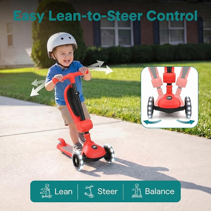 SereneLife 3 Wheel Scooter for Toddlers & Kids, Foldable Seat, LED Wheels, Adjustable Handlebar, Anti-Slip Deck, Rear Foot Brake, Lean-to-Steer, Kid Scooter, Supports up to 110 lbs (Red)
