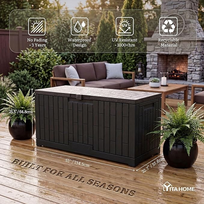 YITAHOME Large Deck Box 120 Gallon Resin Outdoor Storage Box with Slide-Locking Lid, Patio Storage Bin and Bench Seat for Outdoor Pillows, Garden Tools and Pool Supplies, Waterproof Lockable, Black