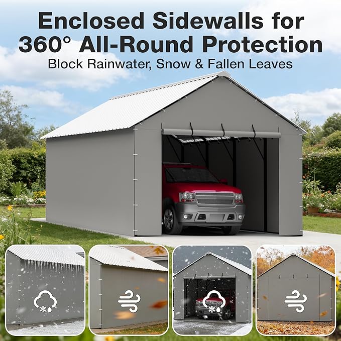 Metal Carport Replacement Sidewall Kit for 20x20 FT, 2 Side Panels & 2 Zipper Doors, Heavy Duty 220g PE Tarp, Waterproof UV Resistant Roll-Up Cover, Grey (No Frame)