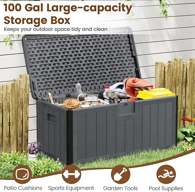 Giantex 100 Gallon Deck Box, Waterproof Resin Box with Lockable Lid, 440Lbs Outdoor HDPE Storage Container Bench for Patio Furniture Cushions, Pool Tools & Garden Accessories (Grey)