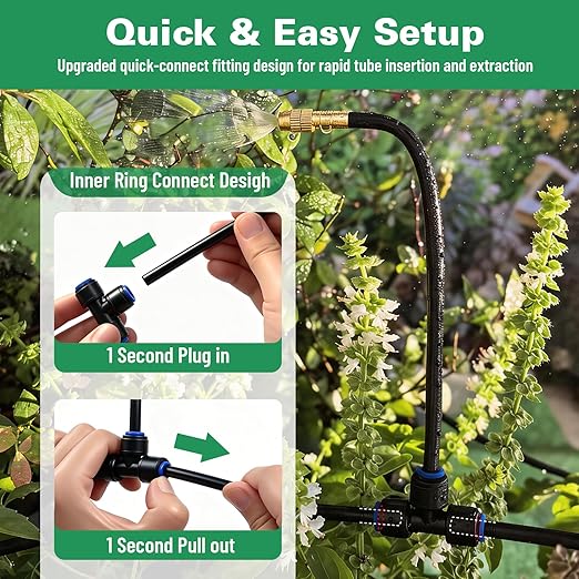 Riboud 220Ft Drip Irrigation System, 2026-Upgrade Garden Watering Kit with 28 Adjustable Copper Rotating Arm Nozzles, 360° Flexible Spray Irrigation Kit for Raised Beds, Lawn, Greenhouse