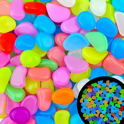 100PCS 1-1.2" Color Glowing Rocks for Driveway Glow in The Dark Rocks for Fish Tank Luminous Pebble Stones for Lawn Landscape Decor Garden Patio Aquarium Walkway