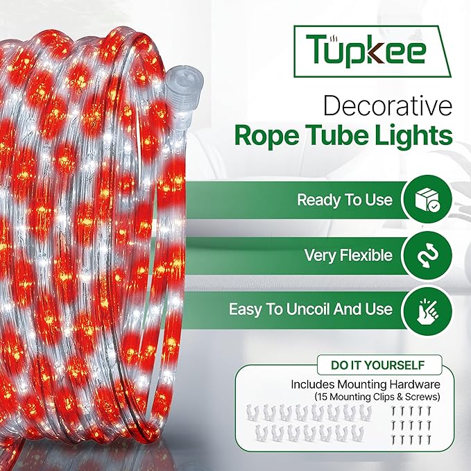 Tupkee LED Rope Light Red & Cool White - for Indoor and Outdoor use, 24 Feet (7.3 m) - 10MM Diameter - 144 LED Long Life Bulbs Rope Tube Lights