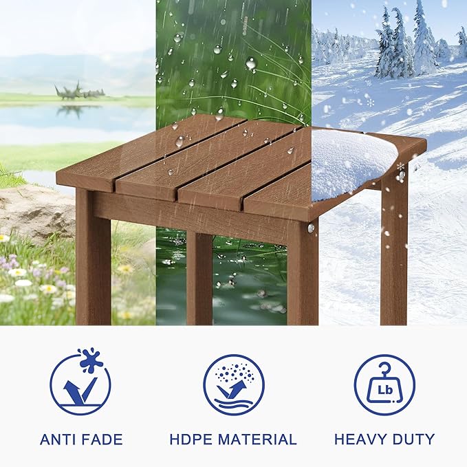 LZRS Square Patio Side Table, Heavy Duty HDPE Outdoor End Table with Wood Texture, Weatherproof Composite Table for Adirondack Chairs, Deck, Pool, Indoor/Outdoor, No Peeling or Cracking(Brown)