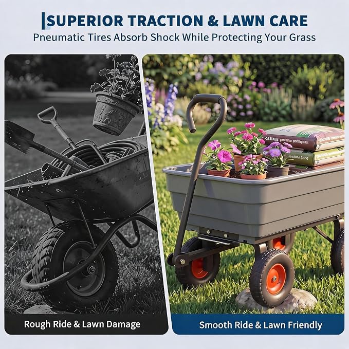 600 lb Poly Garden Dump Cart, Wheelbarrow Yard Cart with 10 in Wheels, Quick-Dump & Towable Utility Wagon with Convertible Handle for Yard, Soil, Rocks（Gray）