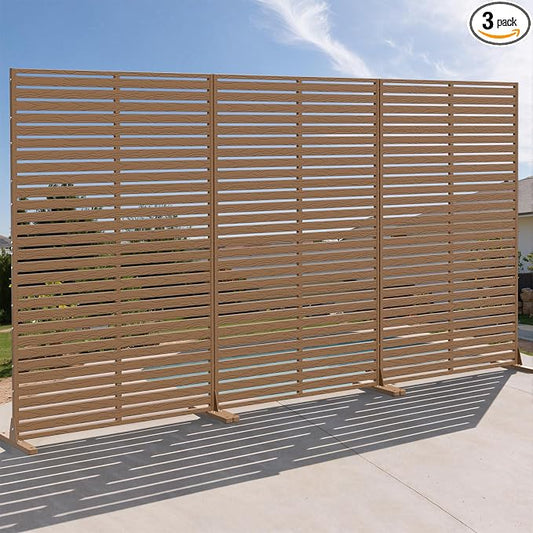Outdoor Privacy Screen Panel 72" Freestanding Privacy Fence with Stand, HDPE Decorative Privacy Screens with Louvered 6 Panels, Weather-Resistant Panel Fence for Patio, Balcony,Pool, Brown